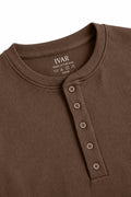 Close-up of Brown Ribbed 5 Button Henley five-button placket and neckline
