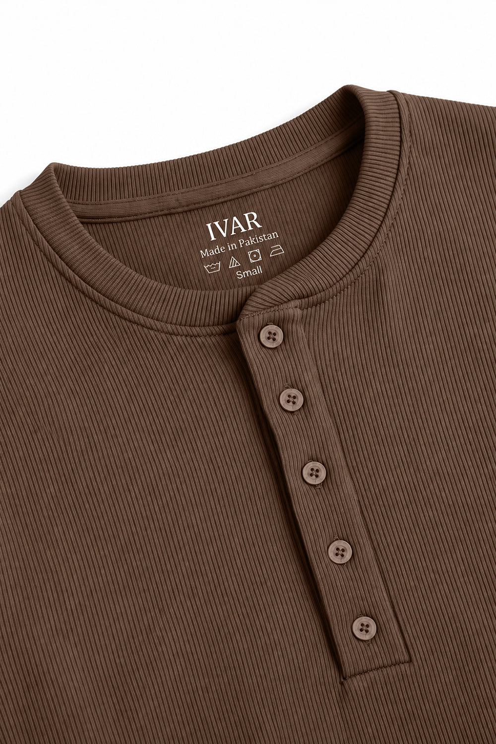 Close-up of Brown Ribbed 5 Button Henley five-button placket and neckline