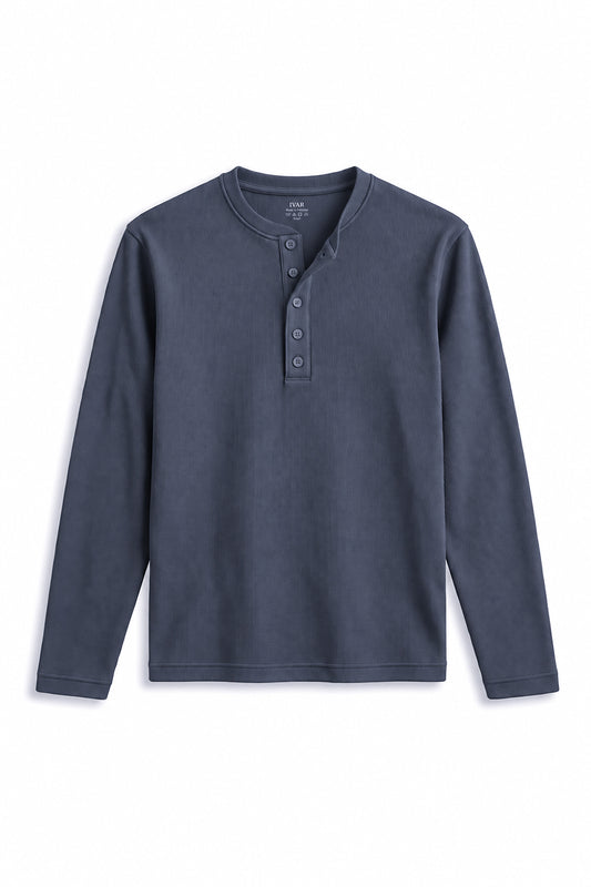 IVAR Grey Ribbed 5 Button Henley, flat lay front view