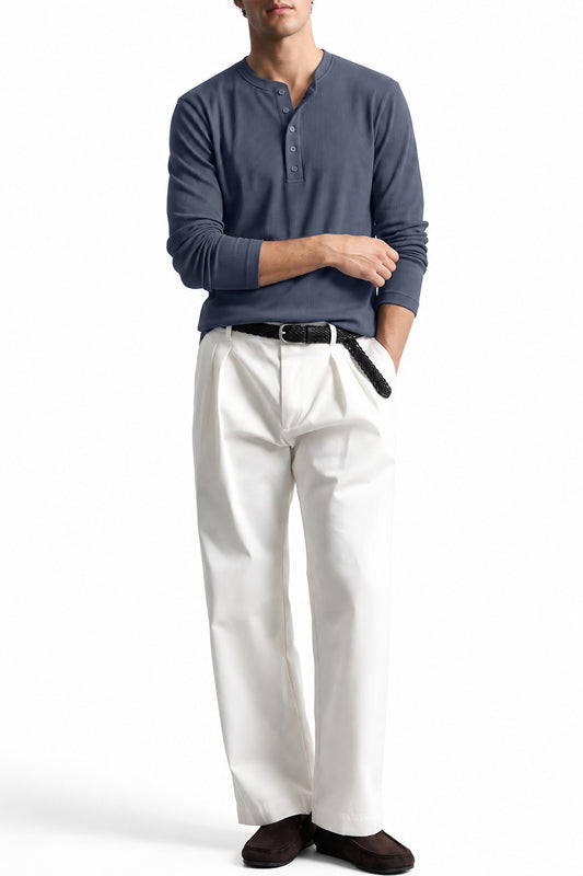 Man wearing the Grey Ribbed 5 Button Henley with white trousers, front view