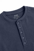 Close-up of Grey Ribbed 5 Button Henley five-button placket and neckline