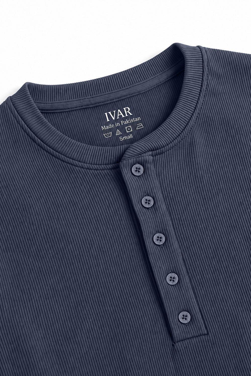 Close-up of Grey Ribbed 5 Button Henley five-button placket and neckline