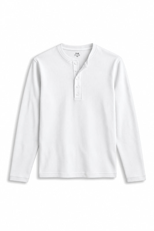 IVAR White Ribbed 5 Button Henley, flat lay front view