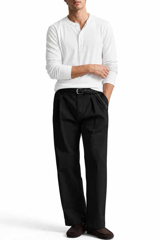 Man wearing the White Ribbed 5 Button Henley with black trousers, front view