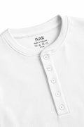 Close-up of White Ribbed 5 Button Henley five-button placket and neckline