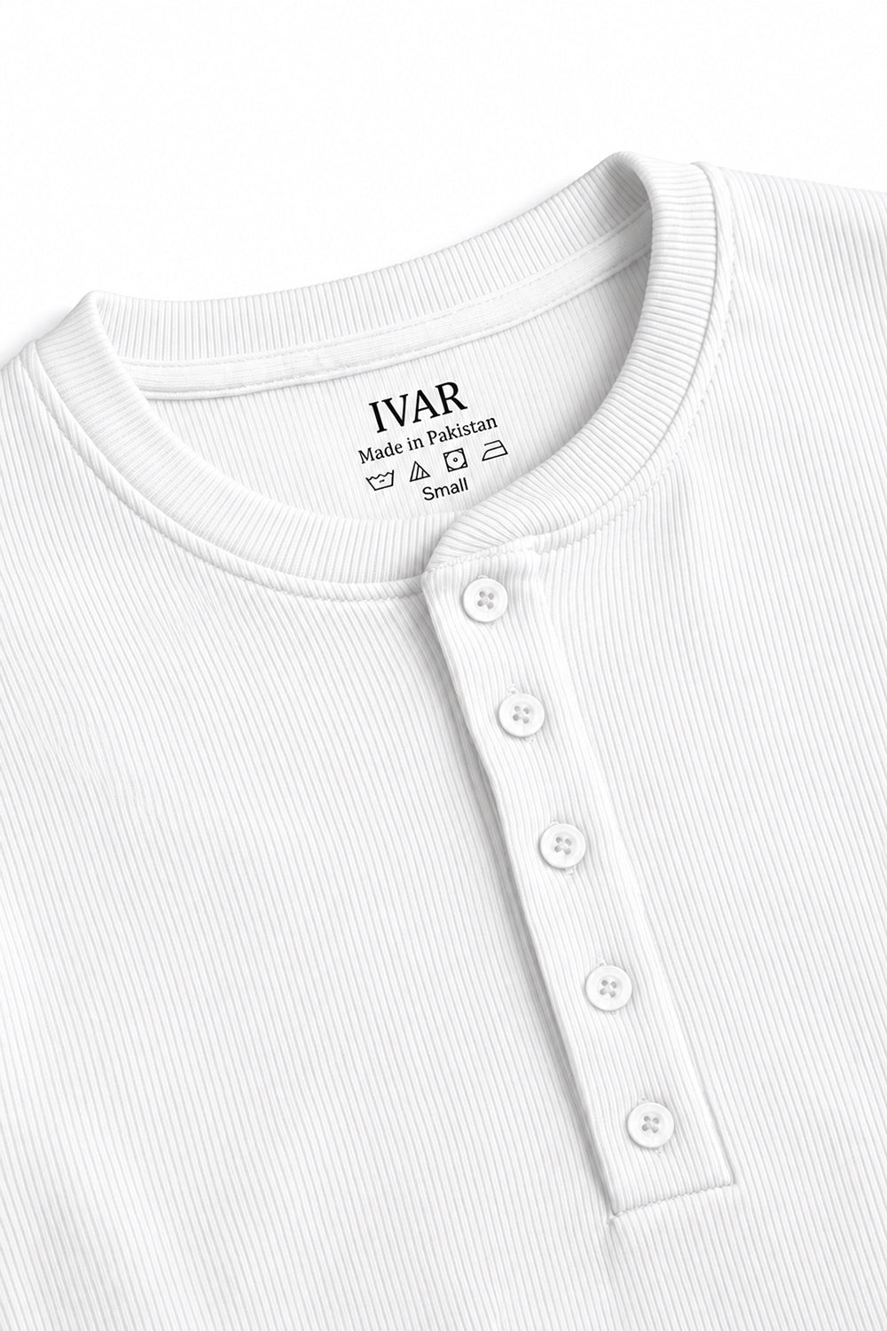 Close-up of White Ribbed 5 Button Henley five-button placket and neckline