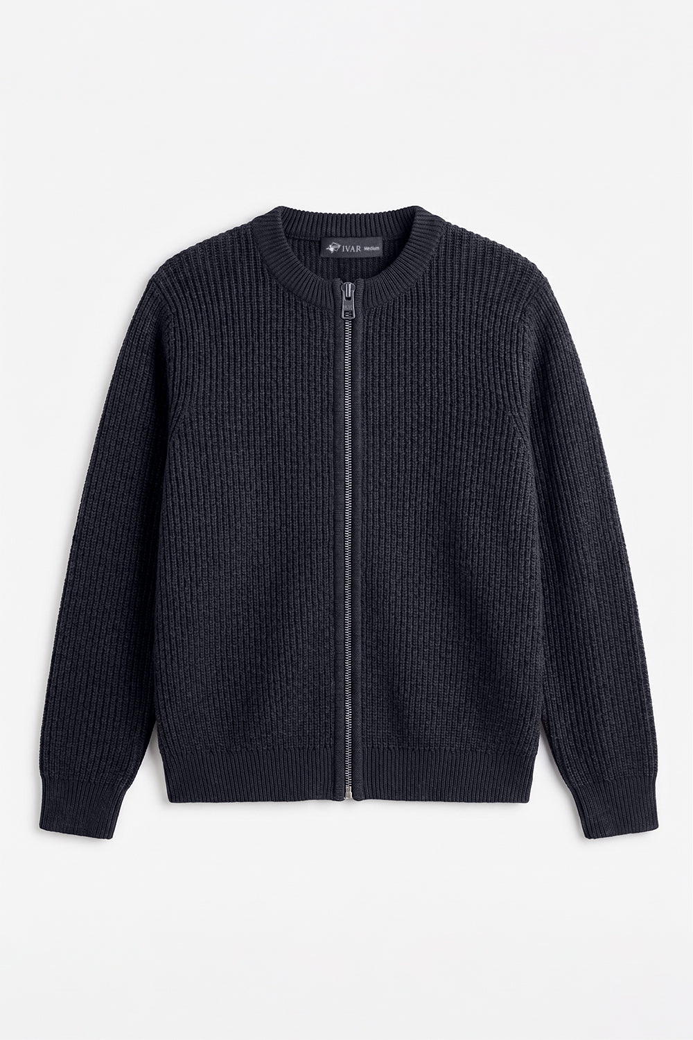 IVAR Charcoal Ribbed Knitted Cardigan, flat lay front view