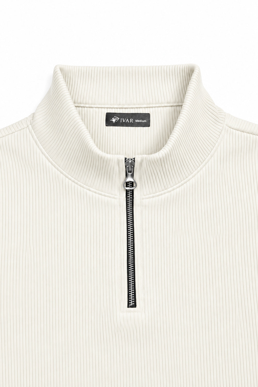 IVAR Off White Ribbed Quarter Zipper – off white ribbed quarter zip pullover, view 3