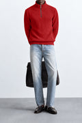 IVAR Red Ribbed Quarter Zipper – red ribbed quarter zip pullover, view 2