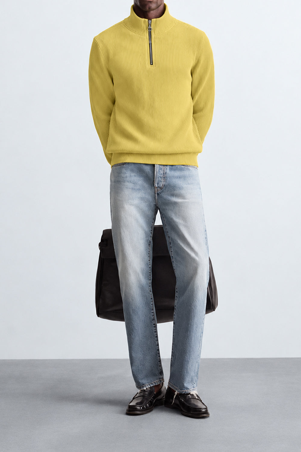IVAR Yellow Ribbed Quarter Zipper – yellow ribbed quarter zip pullover, view 2