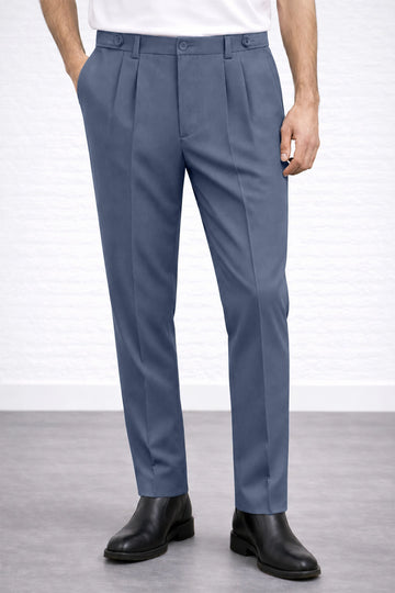 IVAR Stone Grey Adjustable Pleated Pants – model wearing with black boots