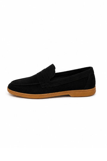 Ivar Black Suede Hudson Penny Loafers - Side Profile View - IVAR Clothing