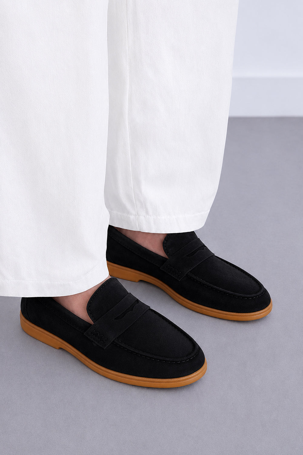 Ivar Black Suede Hudson Penny Loafers - Model Wearing - IVAR Clothing