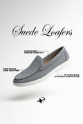 Suede Loafers shoe with text callouts highlighting its premium features, labeled 