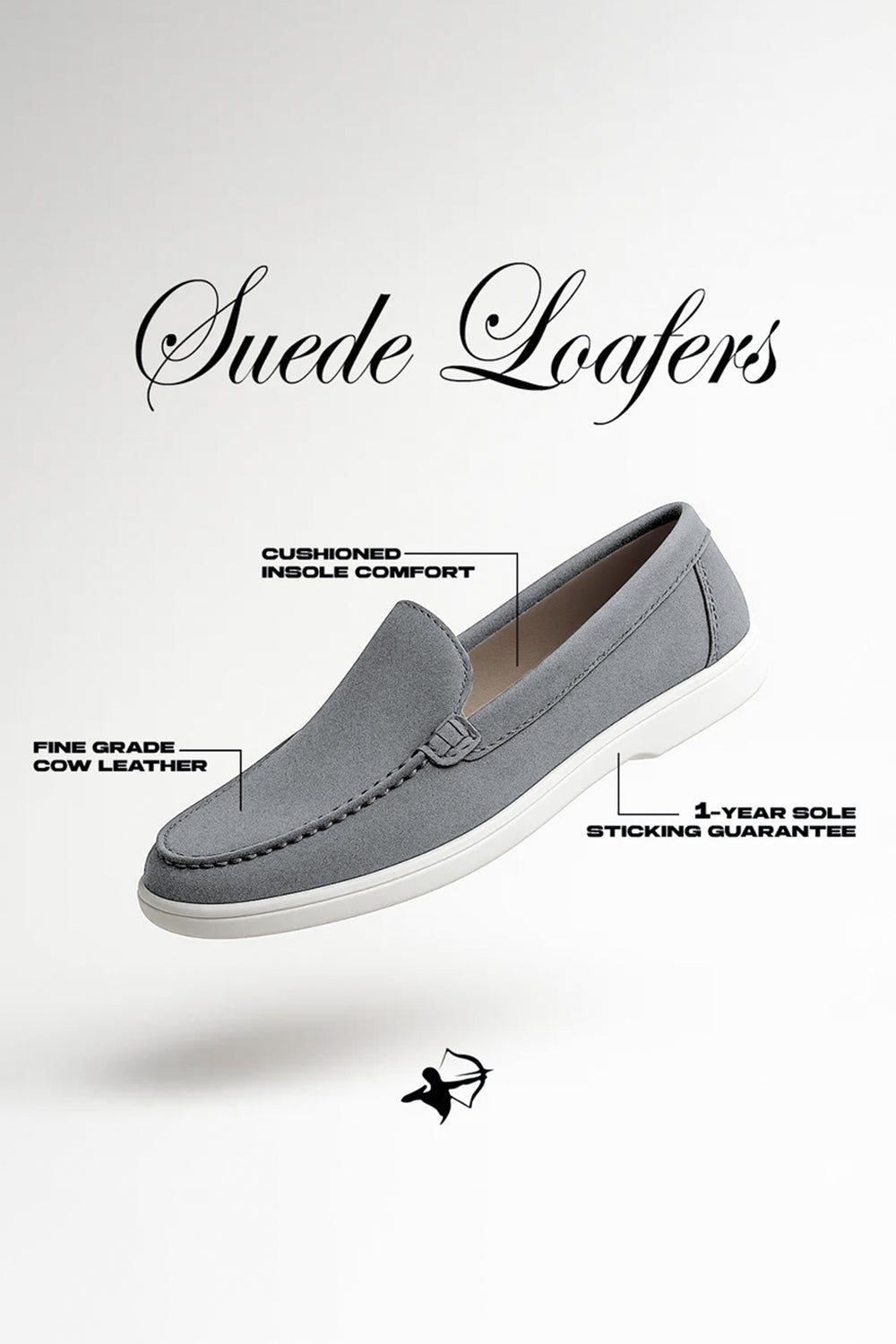 Suede Loafers shoe with text callouts highlighting its premium features, labeled "Suede Loafers" at the top.
