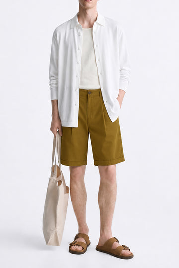 IVAR Camel Tailored Pleated Shorts - Model Wearing, Front View - IVAR Clothing