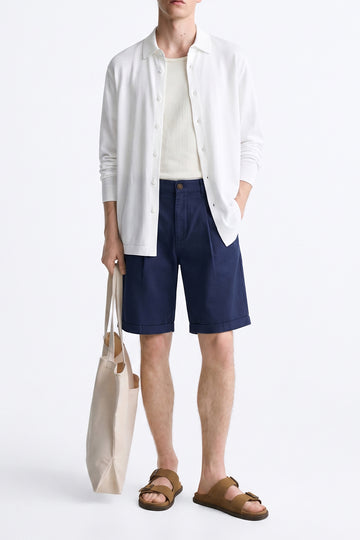 IVAR Navy Tailored Pleated Shorts - Model Wearing, Front View - IVAR Clothing