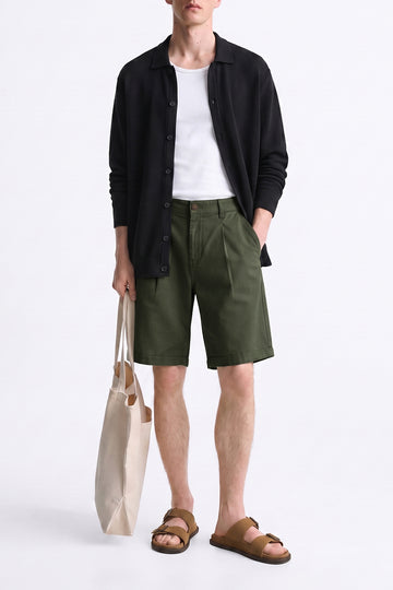 IVAR Military Olive Tailored Pleated Shorts - Model Wearing, Front View - IVAR Clothing