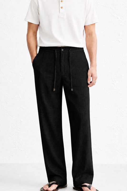 IVAR Black Textured Linen Pant - Model Wearing, Front View - IVAR Clothing