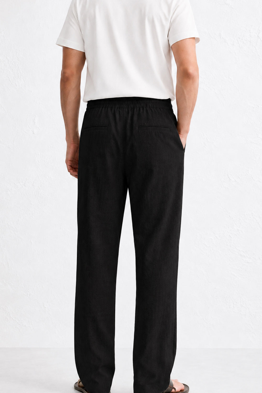 IVAR Black Textured Linen Pant - Model Wearing, Back View - IVAR Clothing