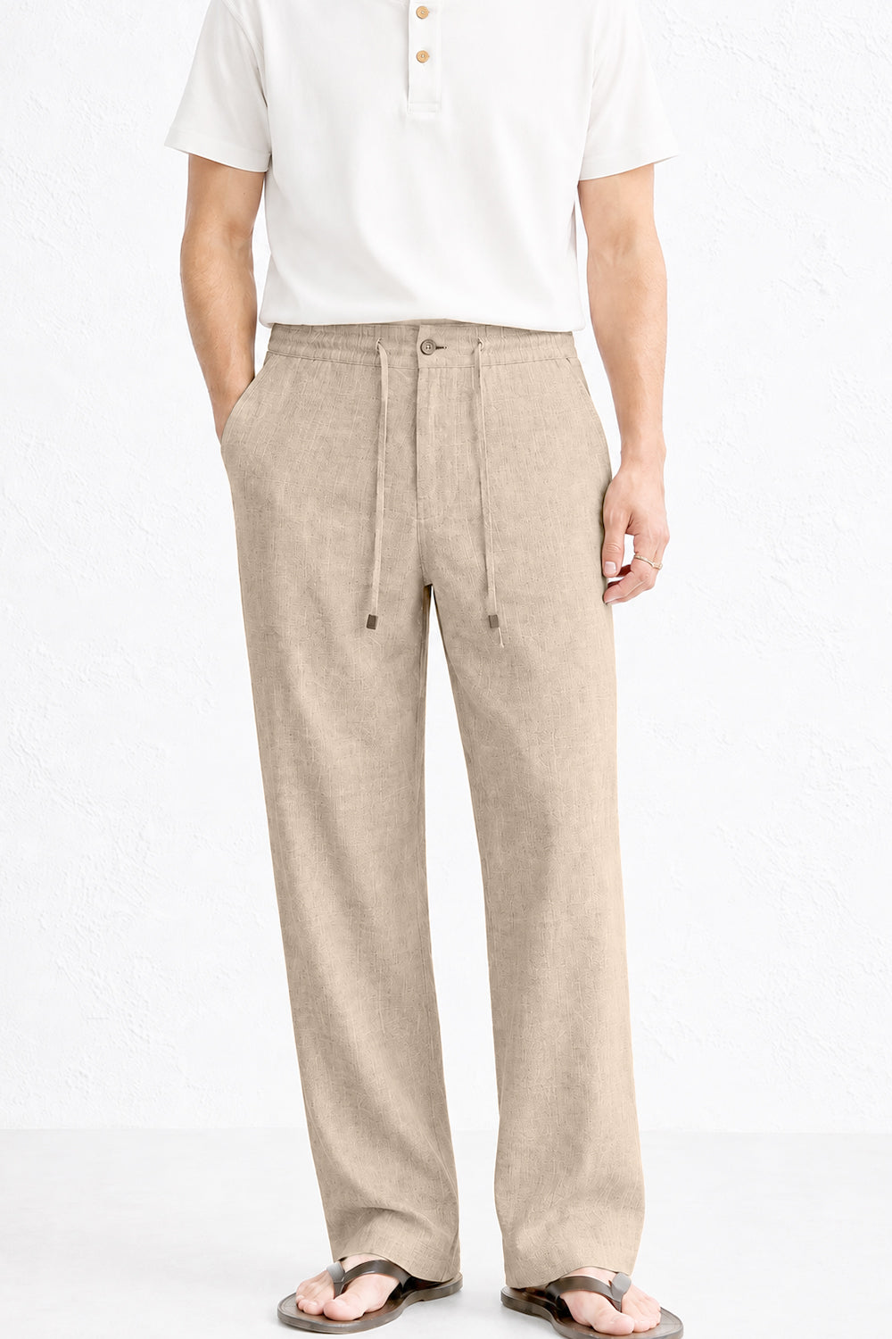 IVAR Dark Khaki Textured Linen Pant - Model Wearing, Front View - IVAR Clothing