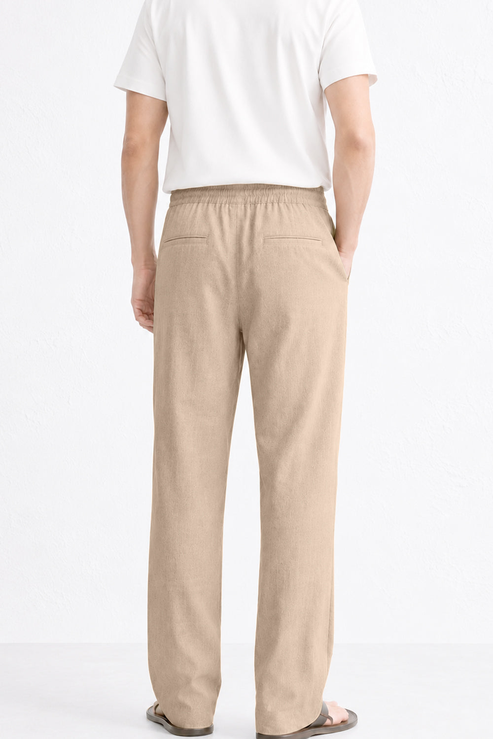 IVAR Dark Khaki Textured Linen Pant - Model Wearing, Back View - IVAR Clothing