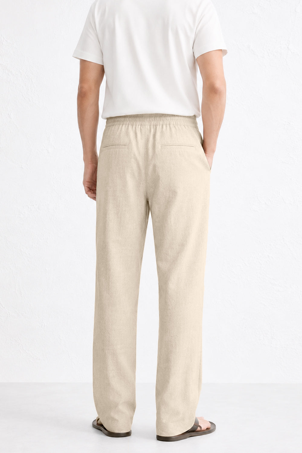 IVAR White Textured Linen Pant - Model Wearing, Back View - IVAR Clothing