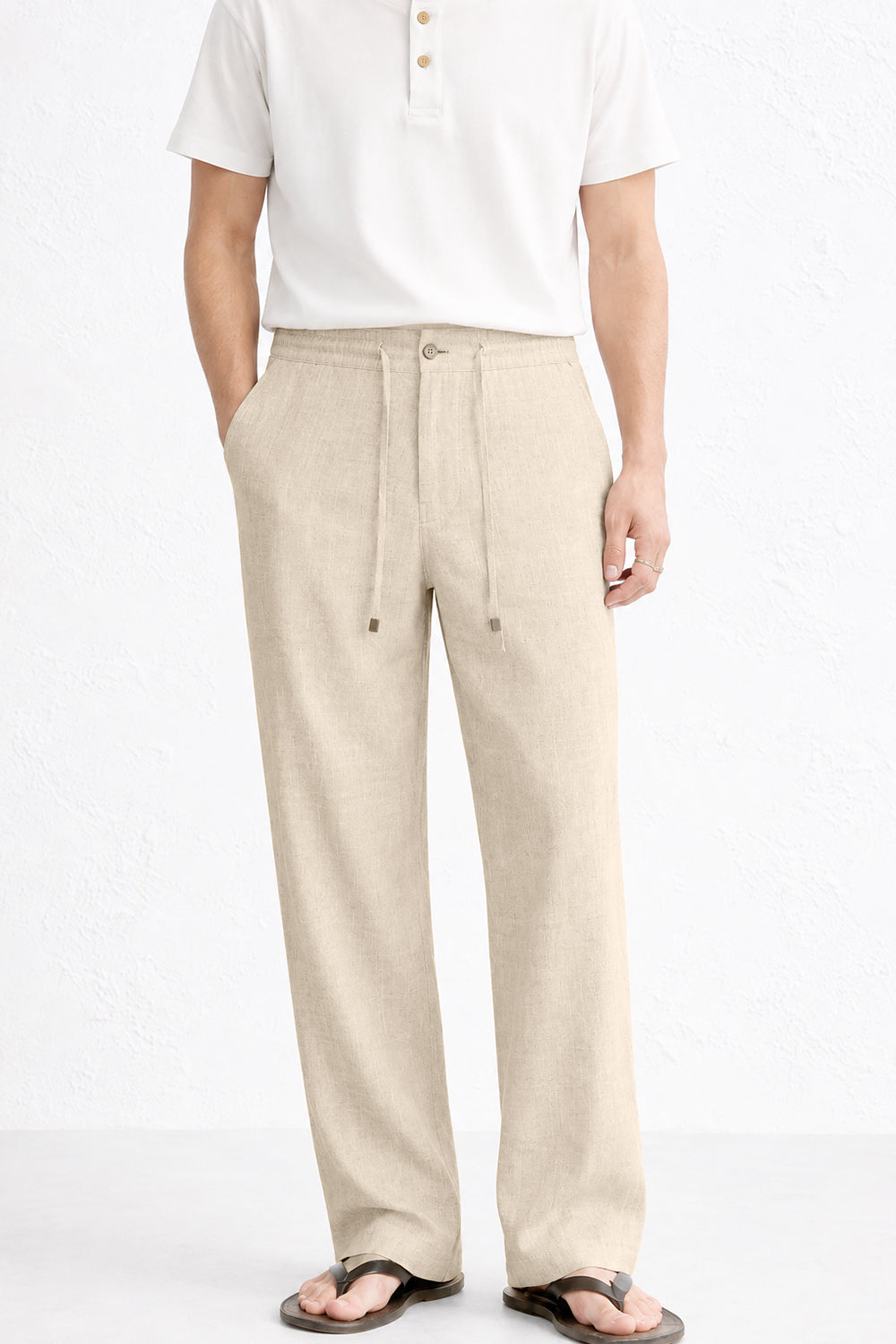 IVAR White Textured Linen Pant - Model Wearing, Front View - IVAR Clothing