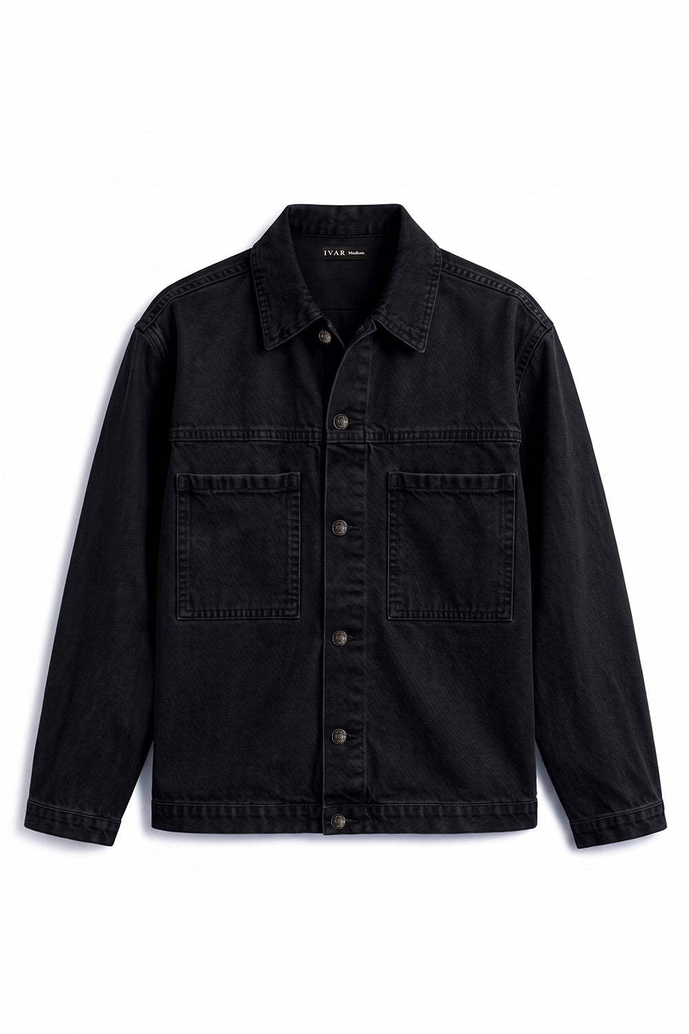 IVAR Black Timeless Denim Jacket, flat lay front view