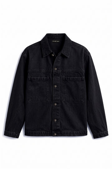 IVAR Black Timeless Denim Jacket, flat lay front view