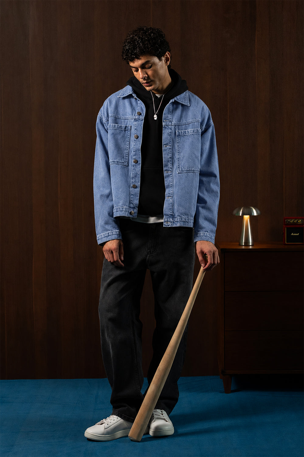 Man wearing the Washed Blue Timeless Denim Jacket, front view