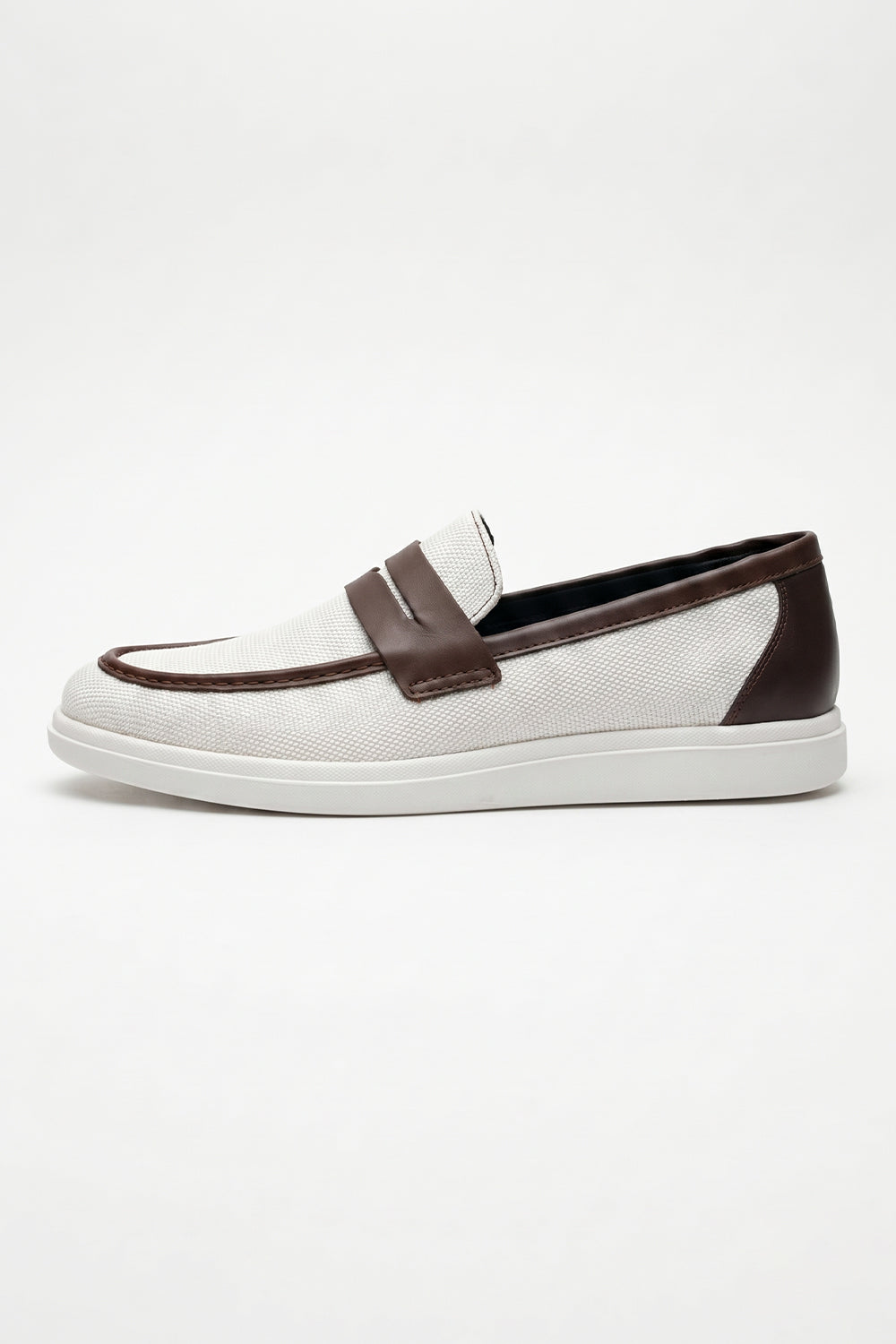 Ivory Brown Penny Loafers – Side View Jute Textured Upper Clean Look