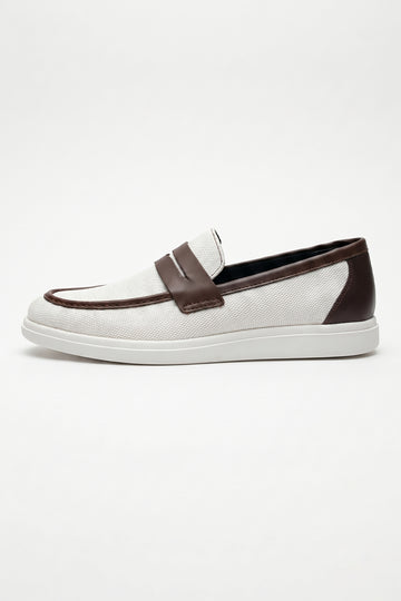 Ivory Brown Penny Loafers – Side View Jute Textured Upper Clean Look