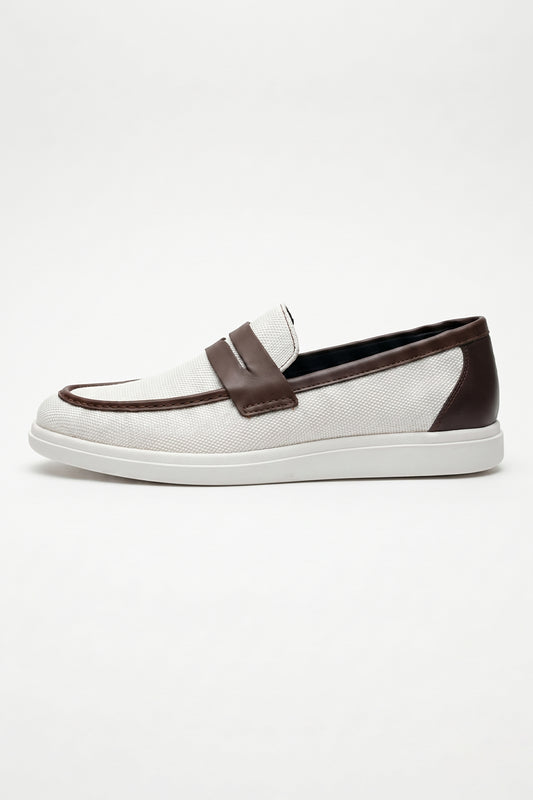 Ivory Brown Penny Loafers – Side View Jute Textured Upper Clean Look