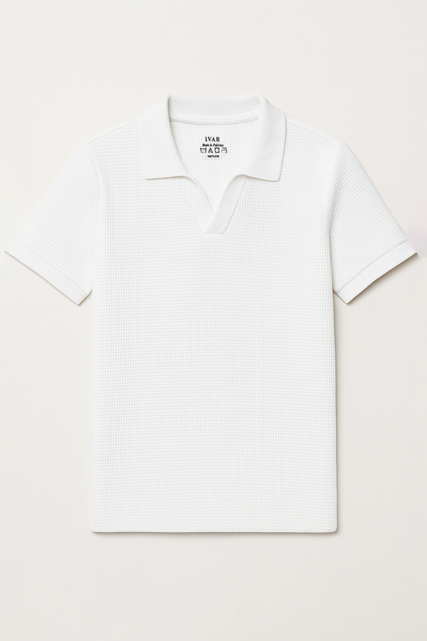 IVAR® White Waffle Knit Johnny Collar Polo