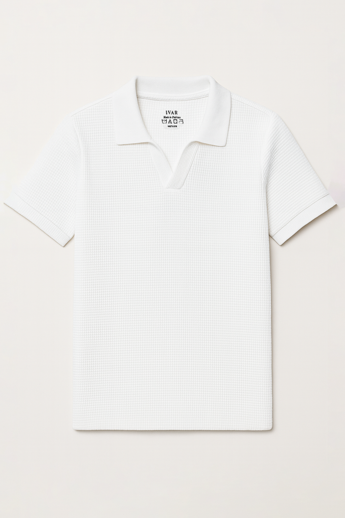 IVAR® White Waffle Knit Johnny Collar Polo
