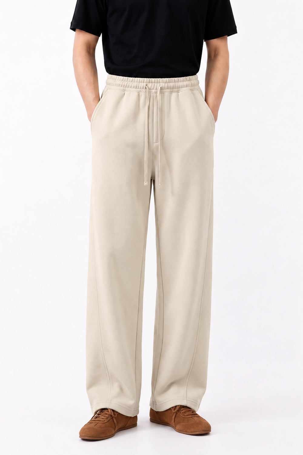 IVAR Beige Wide Leg Heavy Fleece Pants – men's beige wide-leg fleece trousers