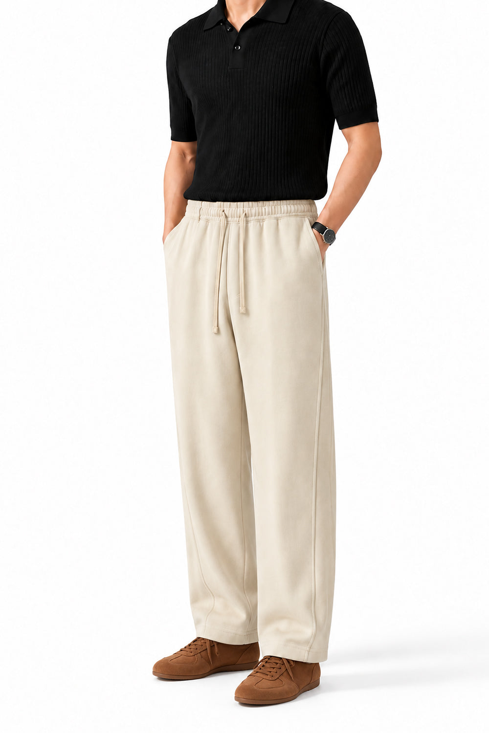 IVAR Beige Wide Leg Heavy Fleece Pants – men's beige wide-leg fleece trousers, view 3