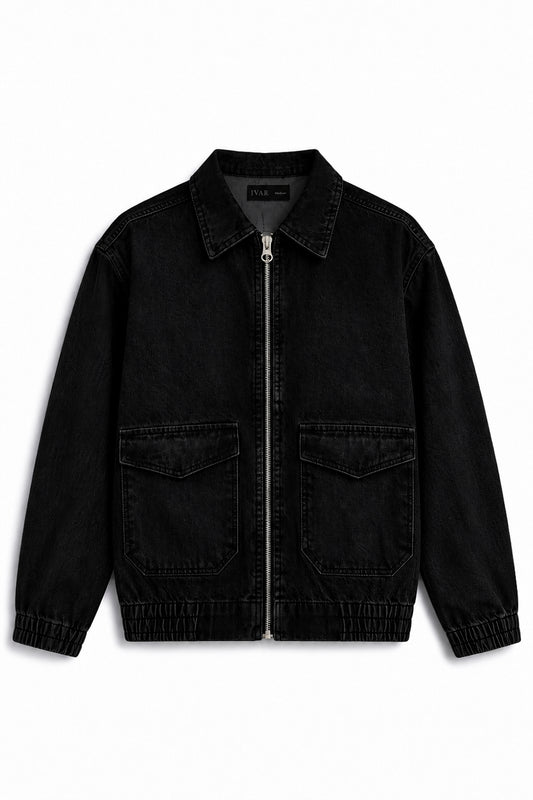 IVAR Black Workshop Denim Jacket, flat lay front view