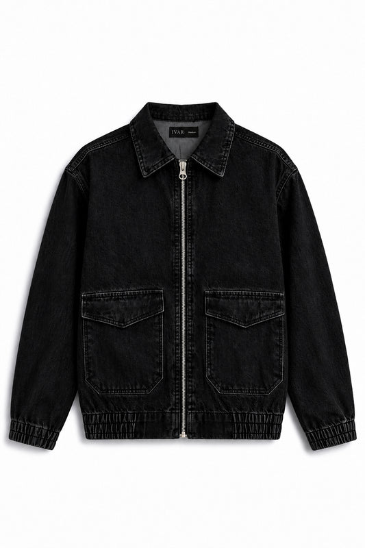 IVAR Charcoal Workshop Denim Jacket, flat lay front view