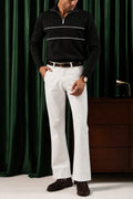 Man wearing the Black Yacht Fleece Quarter Zipper with white trousers, front view