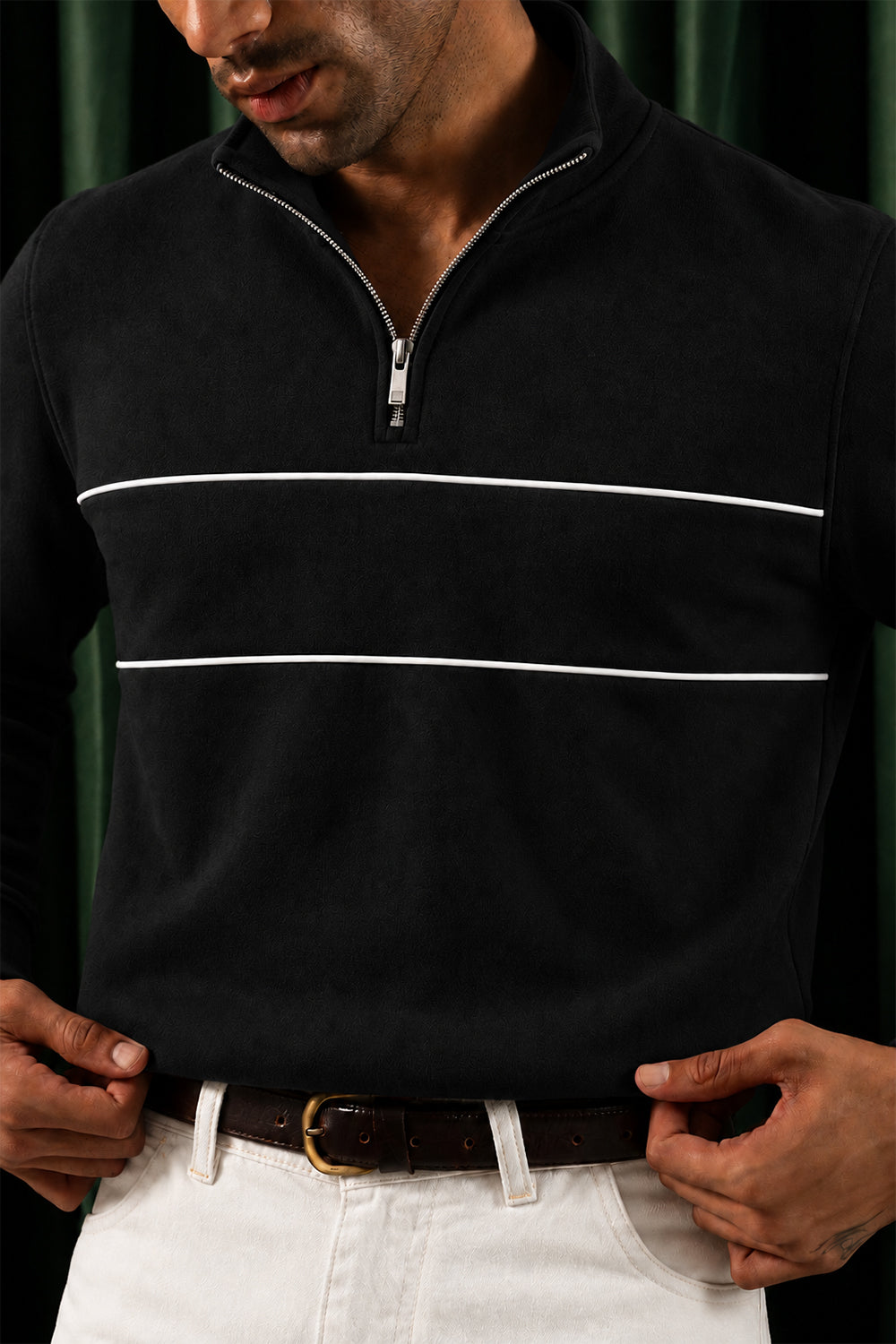 Close-up of Black Yacht Fleece Quarter Zipper contrast piping and zip detail