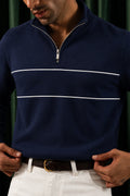 Close-up of Navy Yacht Fleece Quarter Zipper contrast piping and zip detail