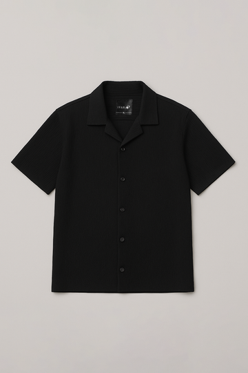 IVAR® Black Crinkled Cuban Collar Shirt
