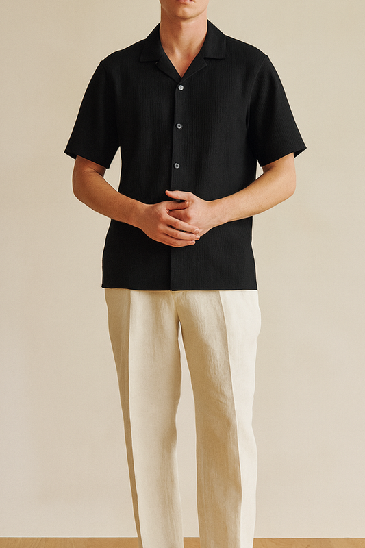 IVAR® Black Crinkled Cuban Collar Shirt