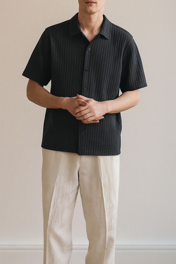 IVAR® Black Loop Back Knit Cuban Collar Shirt