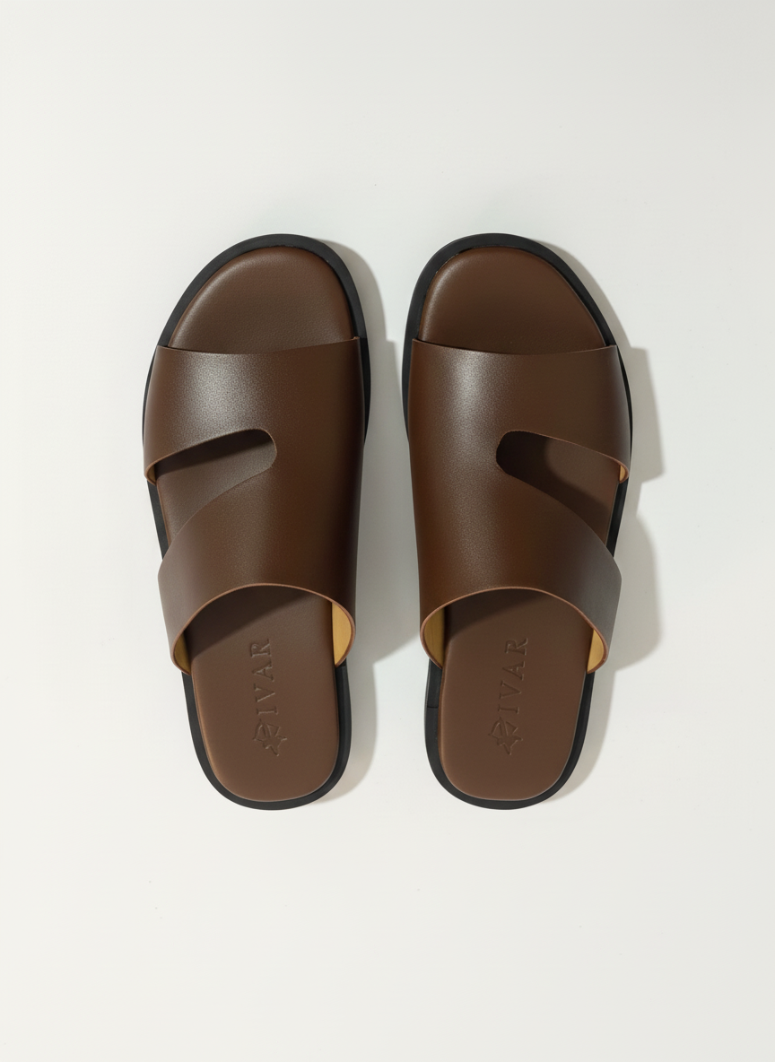 IVAR Brown Artisan Leather Slides – men's brown full-grain leather dual-strap slides