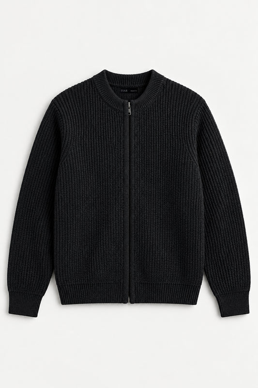 IVAR Charcoal Ribbed Knitted Cardigan, flat lay front view