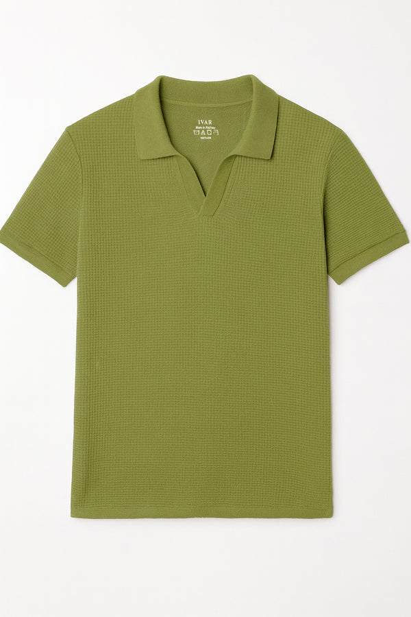 IVAR® Moss Green Waffle Knit Johnny Collar Polo