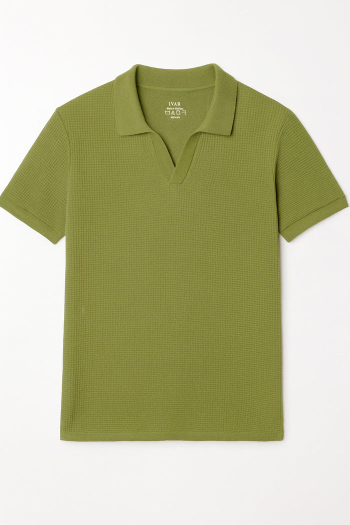 IVAR® Moss Green Waffle Knit Johnny Collar Polo